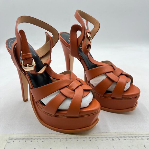 YDN Tan Brown Strappy High Heeled Platform Sandals Peep Toe T-strap Dress Shoes - Picture 4 of 8